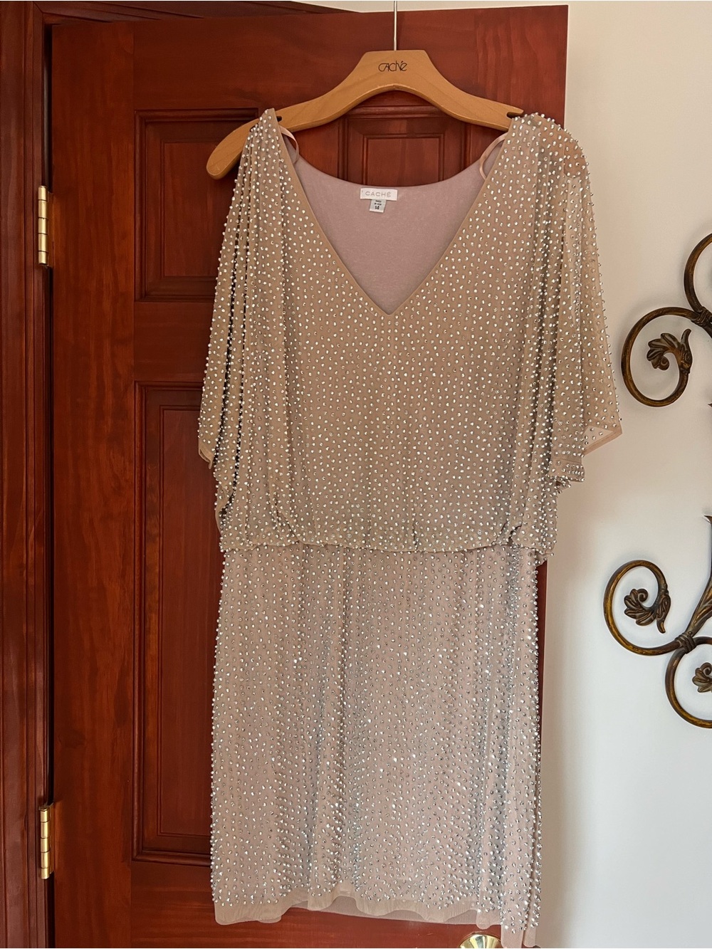 Cache Beaded Blush V-Neck Midi Dress